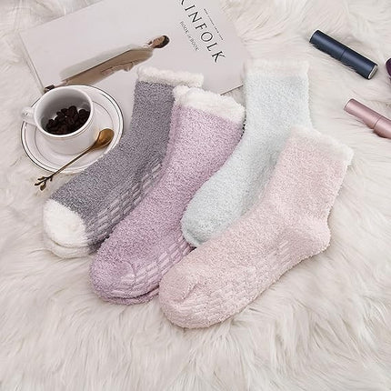 Non-slip socks - Coral fleece socks - with grip - lint-free - suitable for ladies - 4 pairs - gift.