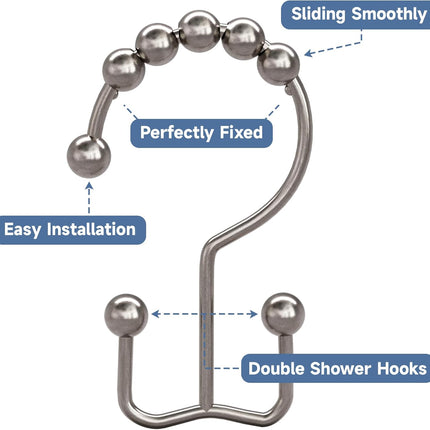 Shower Curtain Hooks - Stainless Steel - Metal - Double Sliding Clasp - Shower Curtain Rings - Suitable for Bathrooms - Double Shower Curtains - Shower Curtains - 12-pack - Nickel-coloured.