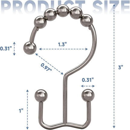 Shower Curtain Hooks - Stainless Steel - Metal - Double Sliding Clasp - Shower Curtain Rings - Suitable for Bathrooms - Double Shower Curtains - Shower Curtains - 12-pack - Nickel-coloured.