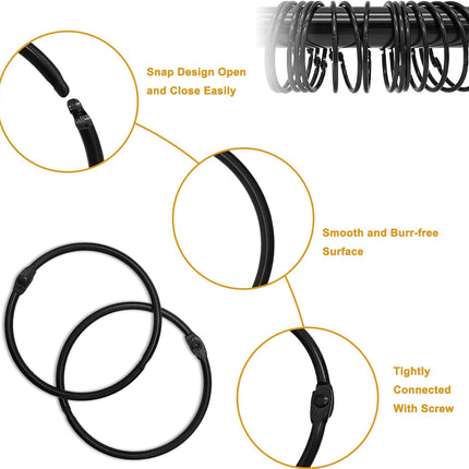 Shower Curtain Hooks - 24-pack - Stainless Steel - Multifunctional - Open Rings - Smooth Sliding - Round - Black - Shower Curtain Rings - Push Button Design.