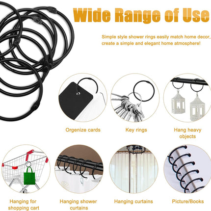Shower Curtain Hooks - 24-pack - Stainless Steel - Multifunctional - Open Rings - Smooth Sliding - Round - Black - Shower Curtain Rings - Push Button Design.