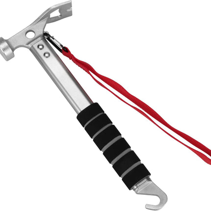 Campinghamer - 3-in-1 - Functional tent peg hammer with puller - For camping, hiking and backpacking - Sponge handle - Non-slip and shock-resistant - Grey - 29.5*11 cm.