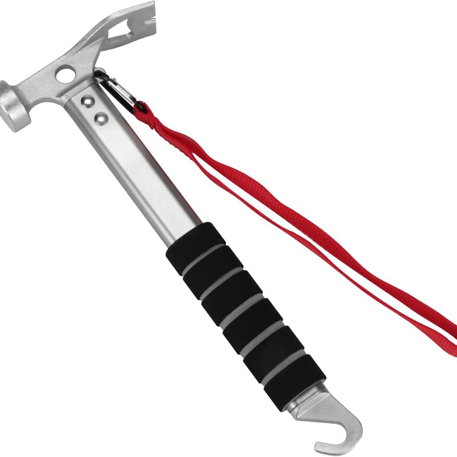 Campinghamer - 3-in-1 - Functional tent peg hammer with puller - For camping, hiking and backpacking - Sponge handle - Non-slip and shock-resistant - Grey - 29.5*11 cm.