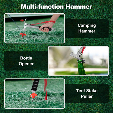 Campinghamer - 3-in-1 - Functional tent peg hammer with puller - For camping, hiking and backpacking - Sponge handle - Non-slip and shock-resistant - Grey - 29.5*11 cm.