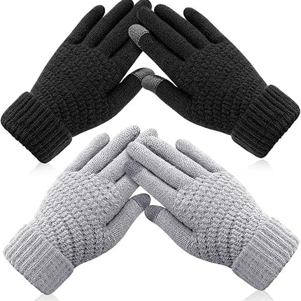 Winter gloves - Fleece gloves - Warm - Soft - Touchscreen gloves - Ladies' winter gloves - Suitable for cold weather - Knitted gloves - 2 pairs - Black gloves - Grey gloves