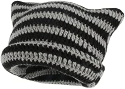 Kitten Hat - Cat Ear Hat - Black, White and Grey - Knitted Beanie - Rimless Beanie - Vintage - Ladies' Accessories - Winter Essentials - Y2K Accessories.