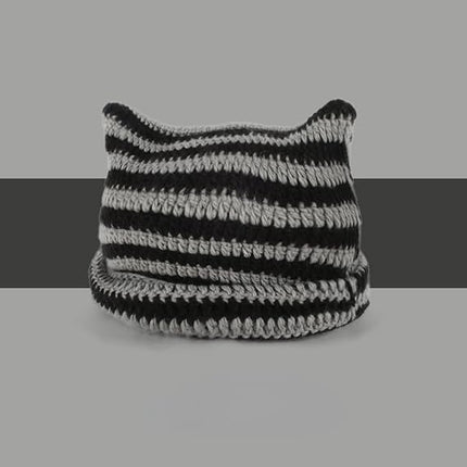 Kitten Hat - Cat Ear Hat - Black, White and Grey - Knitted Beanie - Rimless Beanie - Vintage - Ladies' Accessories - Winter Essentials - Y2K Accessories.