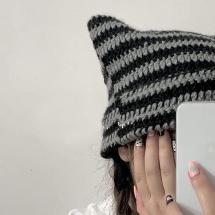 Kitten Hat - Cat Ear Hat - Black, White and Grey - Knitted Beanie - Rimless Beanie - Vintage - Ladies' Accessories - Winter Essentials - Y2K Accessories.