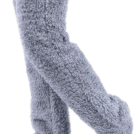 Home Socks - Overknee Fleece Socks - 55cm - Fleece Slipper Socks - Fluffy - Long Leg - Warm Pants - Winter - Home Sleep Socks - Light Grey.