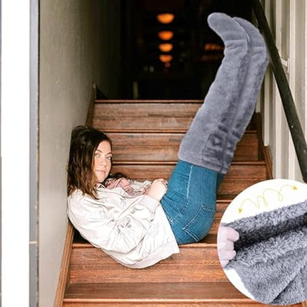 Home Socks - Overknee Fleece Socks - 55cm - Fleece Slipper Socks - Fluffy - Long Leg - Warm Pants - Winter - Home Sleep Socks - Light Grey.
