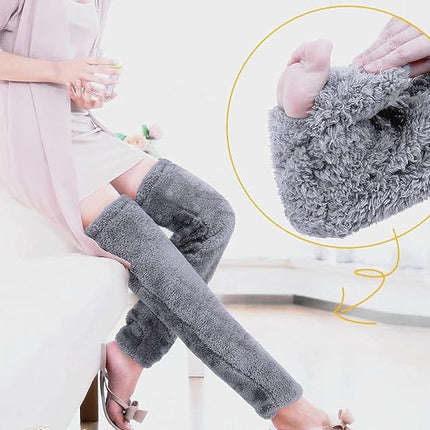 Home Socks - Overknee Fleece Socks - 55cm - Fleece Slipper Socks - Fluffy - Long Leg - Warm Pants - Winter - Home Sleep Socks - Light Grey.