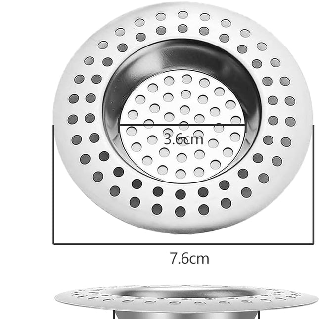 RVS kitchen drain plug - standard drain plug and hair/food catcher for bathroom - kitchen and shower (7.6 cm outer diameter - 4.5 cm inner diameter - 2-pack).