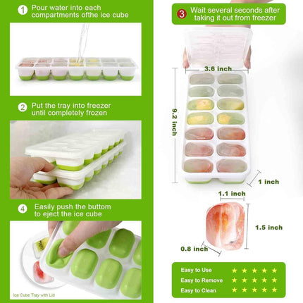 Ice cube trays - 4-pack - reusable silicone - easy to release - flexible ice cube trays for 56 ice cubes with leak-proof, removable lids - BPA-free - durable and dishwasher safe.