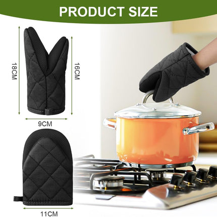 1 pair of short oven mitts made of neoprene cotton - black - with non-slip surface and hanging loop - suitable for cooking, baking and grilling.