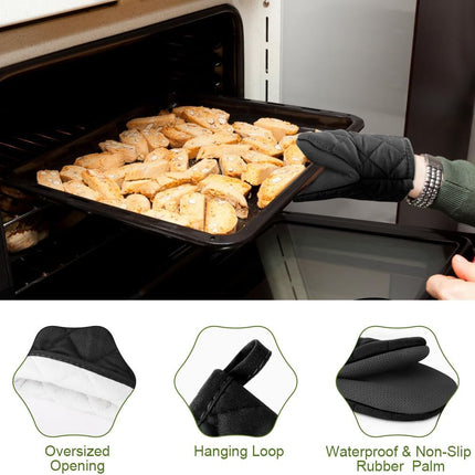 1 pair of short oven mitts made of neoprene cotton - black - with non-slip surface and hanging loop - suitable for cooking, baking and grilling.