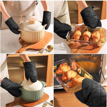1 pair of short oven mitts made of neoprene cotton - black - with non-slip surface and hanging loop - suitable for cooking, baking and grilling.