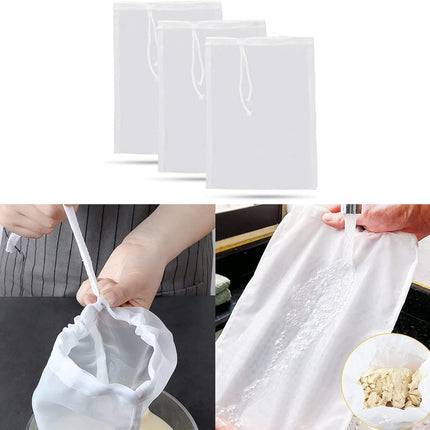 3 reusable micron fine mesh filter bags - drawstring filter bags for cold coffee with cheesecloth - fine mesh nylon filter bags - washable filter bags for juice - wine - homebrewed beer - brewing and hops (200 mesh).