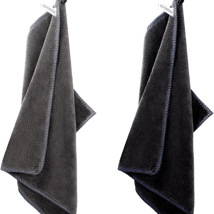 2 pieces golf towels- absorbent cleaning towels- multifunctional towels with carabiner for golf bags- fitness- sport- outdoor- yoga (2 colours)- black.
