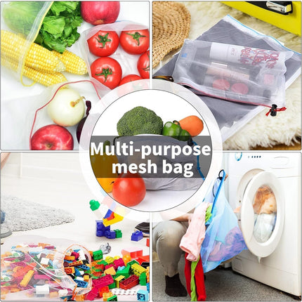 12 pieces of toy storage mesh bags - washable transparent gauze with drawstring - suitable for fruit- vegetables- groceries- groceries- storage space and toys- 3 different sizes.