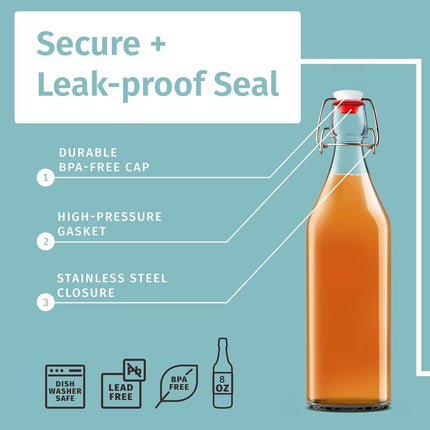 Clip-on glass storage bottle with lid for brewing beer, wine, spices, drinks, oil, vinegar, kombucha and water.