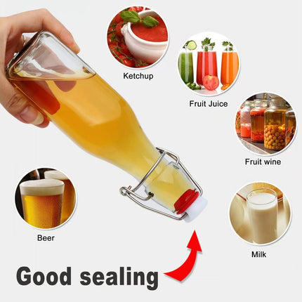 Clip-on glass storage bottle with lid for brewing beer, wine, spices, drinks, oil, vinegar, kombucha and water.