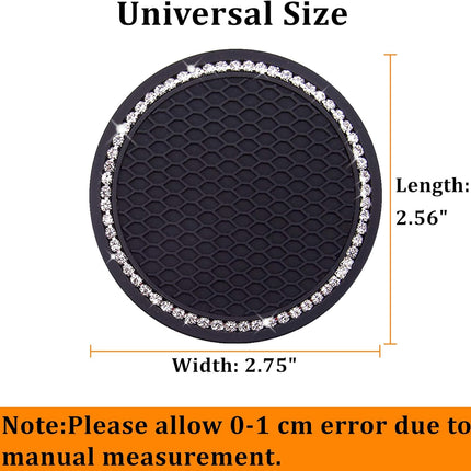 Nice car coasters 2 pieces Universal car cup holder inserts Coasters 2-75 inch Silicone non-slip sparkling crystal diamond Car accessories for women and ladies (black background with white diamonds).