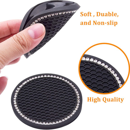 Nice car coasters 2 pieces Universal car cup holder inserts Coasters 2-75 inch Silicone non-slip sparkling crystal diamond Car accessories for women and ladies (black background with white diamonds).