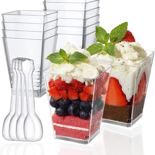 Mini dessert cups (with spoon) 50 pieces reusable - clear - square plastic dessert cups - cheesecake pots - multi-purpose dessert bowls for mousse pudding - dessert party supplies.