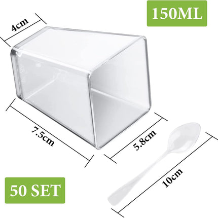Mini dessert cups (with spoon) 50 pieces reusable - clear - square plastic dessert cups - cheesecake pots - multi-purpose dessert bowls for mousse pudding - dessert party supplies.