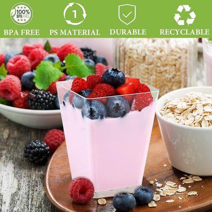 Mini dessert cups (with spoon) 50 pieces reusable - clear - square plastic dessert cups - cheesecake pots - multi-purpose dessert bowls for mousse pudding - dessert party supplies.