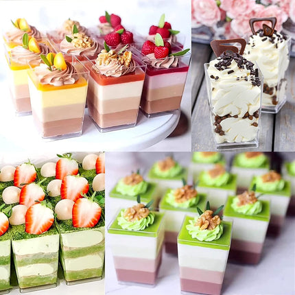 Mini dessert cups (with spoon) 50 pieces reusable - clear - square plastic dessert cups - cheesecake pots - multi-purpose dessert bowls for mousse pudding - dessert party supplies.