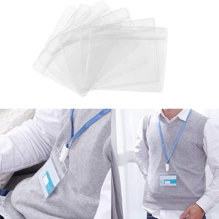 5-piece plastic card holder - clear waterproof plastic badge holder - clear branded badge ID holder - wallet holder - double-sided badge holder - lanyard card holder for home, office and school.