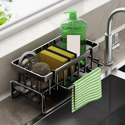 Multifunctional kitchen sink caddy - black stainless steel sponge holder - countertop cleaning rack with removable cloth holder - dish drying rack for kitchen and bathroom (black).