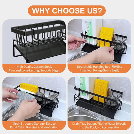Multifunctional kitchen sink caddy - black stainless steel sponge holder - countertop cleaning rack with removable cloth holder - dish drying rack for kitchen and bathroom (black).