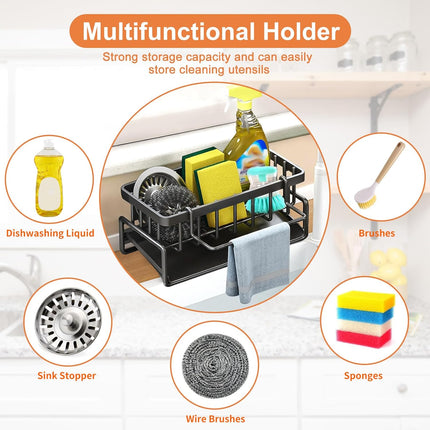 Multifunctional kitchen sink caddy - black stainless steel sponge holder - countertop cleaning rack with removable cloth holder - dish drying rack for kitchen and bathroom (black).