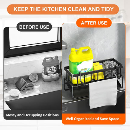 Multifunctional kitchen sink caddy - black stainless steel sponge holder - countertop cleaning rack with removable cloth holder - dish drying rack for kitchen and bathroom (black).