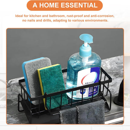 Multifunctional kitchen sink caddy - black stainless steel sponge holder - countertop cleaning rack with removable cloth holder - dish drying rack for kitchen and bathroom (black).