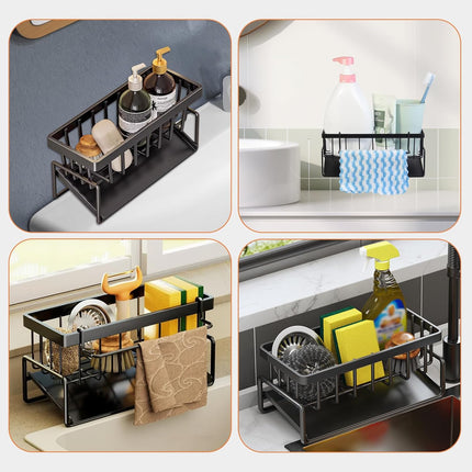 Multifunctional kitchen sink caddy - black stainless steel sponge holder - countertop cleaning rack with removable cloth holder - dish drying rack for kitchen and bathroom (black).