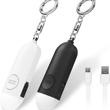 Alarm - Torch - 2-pack - 130dB - Personal alarm - Security alarm - Rechargeable - Emergency siren - with LED light - Keychain - (Black & White).