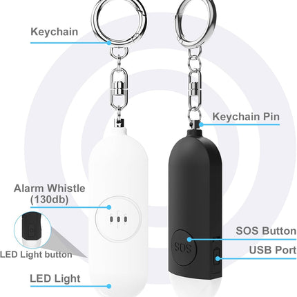 Alarm - Torch - 2-pack - 130dB - Personal alarm - Security alarm - Rechargeable - Emergency siren - with LED light - Keychain - (Black & White).