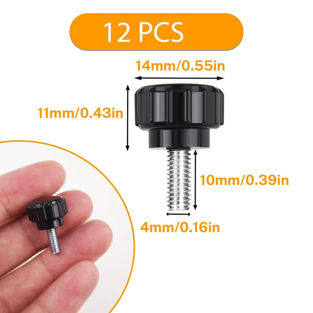 12 pieces M4 x 10 mm knurled thumb screws - display screws - mounting screws - carbon steel clamp knobs - grip thumb screws - mounting thumb screws.