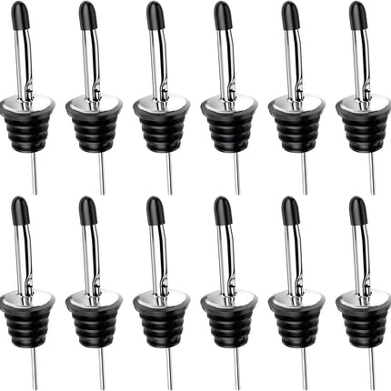 Wine bottle pourer - 12-pack stainless steel - quick bottle dispenser with conical spout and rubber dust cap for wine and spirits bottles.