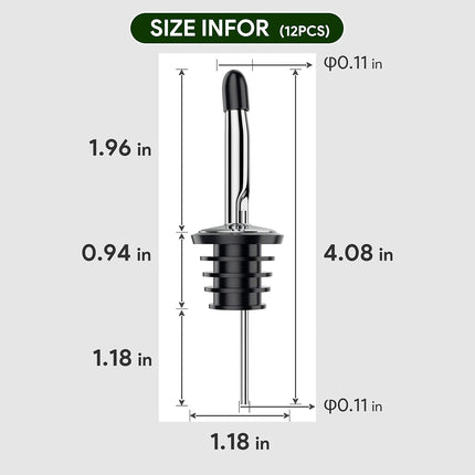 Wine bottle pourer - 12-pack stainless steel - quick bottle dispenser with conical spout and rubber dust cap for wine and spirits bottles.