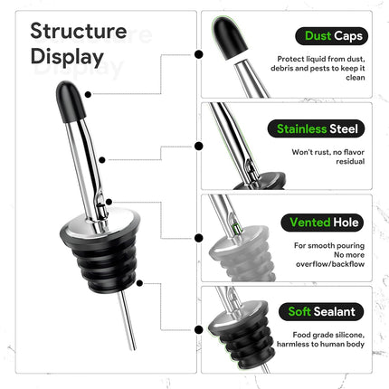 Wine bottle pourer - 12-pack stainless steel - quick bottle dispenser with conical spout and rubber dust cap for wine and spirits bottles.