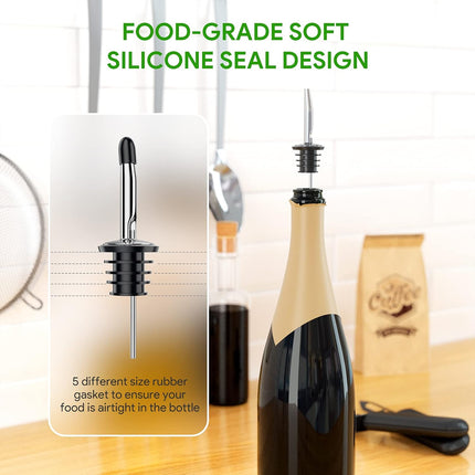 Wine bottle pourer - 12-pack stainless steel - quick bottle dispenser with conical spout and rubber dust cap for wine and spirits bottles.