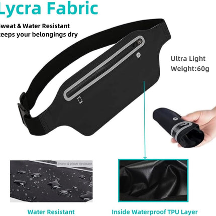Slim running belt - running waist pack - running belt suitable for carrying a mobile phone - waist pack suitable for jogging - walking - travel wallet - running gift - gear - accessories (black).