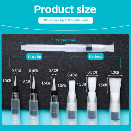 Refillable watercolour brush set: 6 watercolour brushes with refillable reservoirs - watercolour brushes with fine, medium and large tips for watercolour painting and sketching.