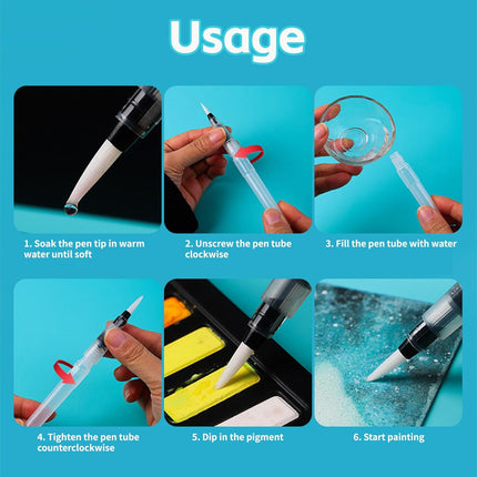 Refillable watercolour brush set: 6 watercolour brushes with refillable reservoirs - watercolour brushes with fine, medium and large tips for watercolour painting and sketching.