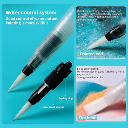 Refillable watercolour brush set: 6 watercolour brushes with refillable reservoirs - watercolour brushes with fine, medium and large tips for watercolour painting and sketching.