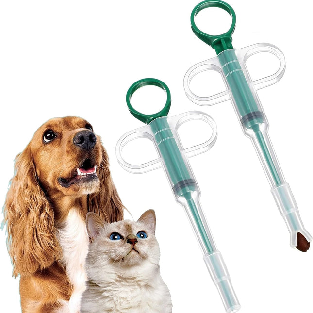 Two-piece set with pet pill poppers, cat pill poppers and cat pill dispensers. Reusable cat pill poppers. Green pill poppers with soft tips for safety and reliability. Handy for both cats and dogs..